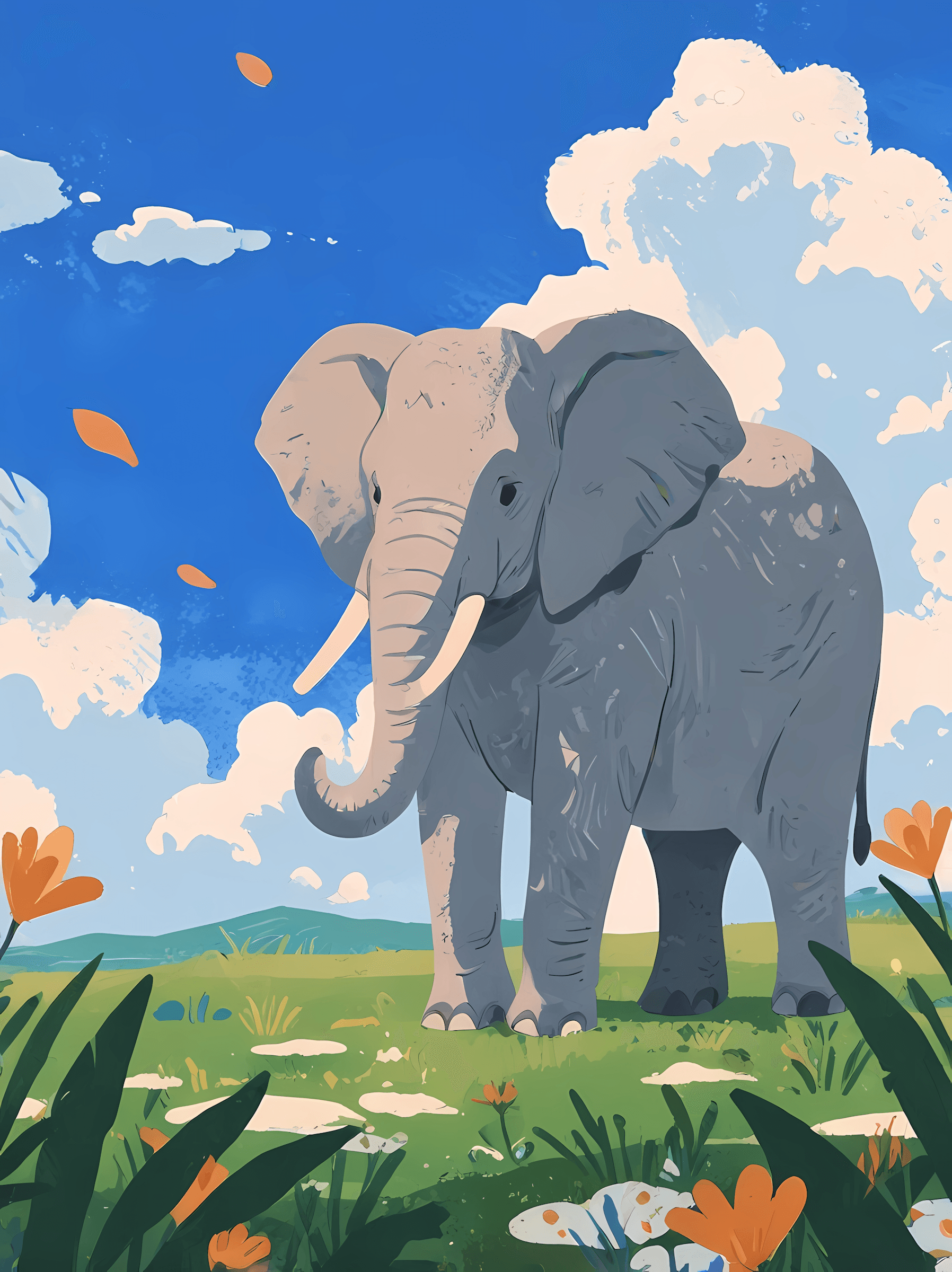 Elephant in a vibrant green field
